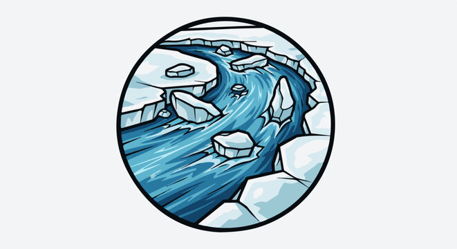 Stylized icy river flowing through a circular frame of ice floes