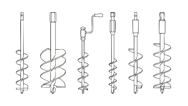 Earth Auger Drill Bits Set - Professional Ground Drilling Tools for Construction and Gardening, Collection of Spiral Steel Boring Equipment Isolated on White Background, Technical Line Art Illustratio