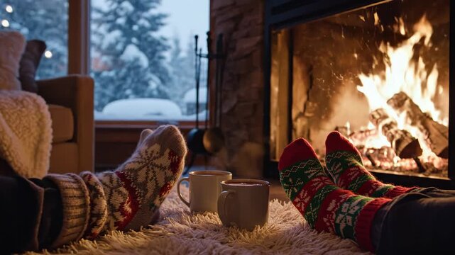 Couple relaxing by a warm fireplace in winter, wearing cozy patterned socks and enjoying hot drinks on a soft rug with snowy window view