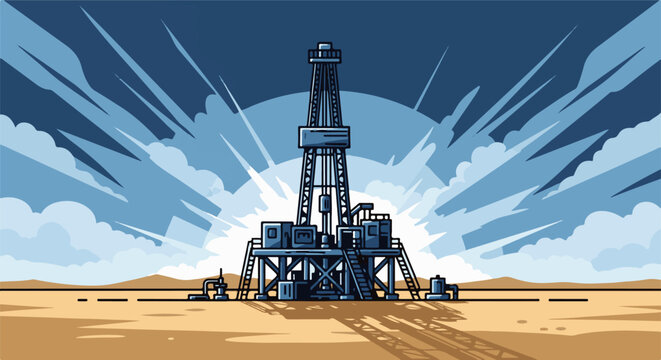 Stylized drilling rig in a desert landscape under a dramatic sky
