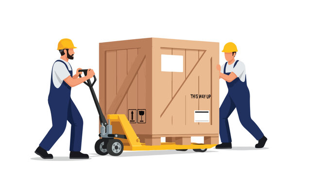 Two dedicated workers skillfully collaborate to move a heavy wooden crate using a yellow hand pallet jack, demonstrating efficient logistics and teamwork in a warehouse or delivery operation