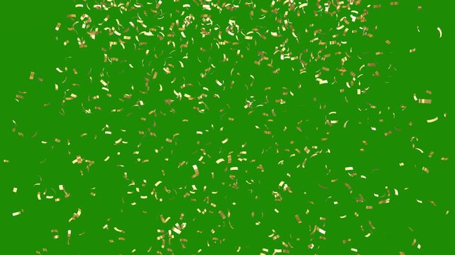 gold confetti video green background with alpha channel. gold confetti falling in slow motion 3d rendering gold confetti particle flying include alpha matte. Double burst of confetti.