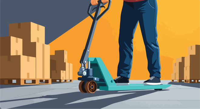 Man operating a teal hand pallet jack moving boxes in a warehouse setting with storage racks