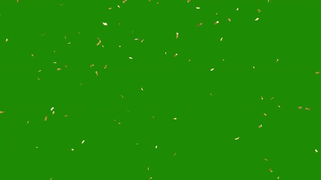 gold confetti video green background with alpha channel. gold confetti falling in slow motion 3d rendering gold confetti particle flying include alpha matte. Double burst of confetti.