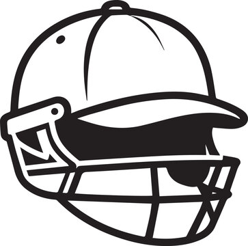 A black and white graphic of a cricket helmet with a protective faceguard and brim.