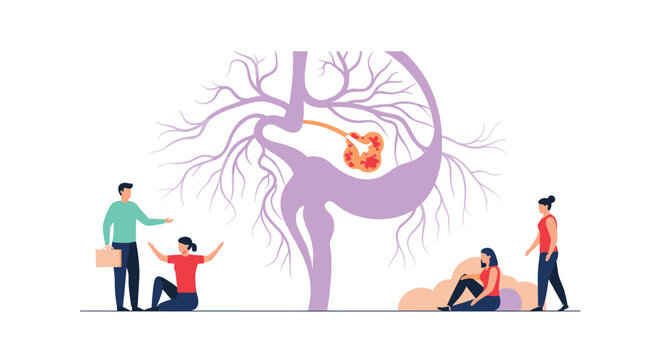 Conceptual medical illustration of a large vascular tree with characters and a highlighted red focal point in the center.