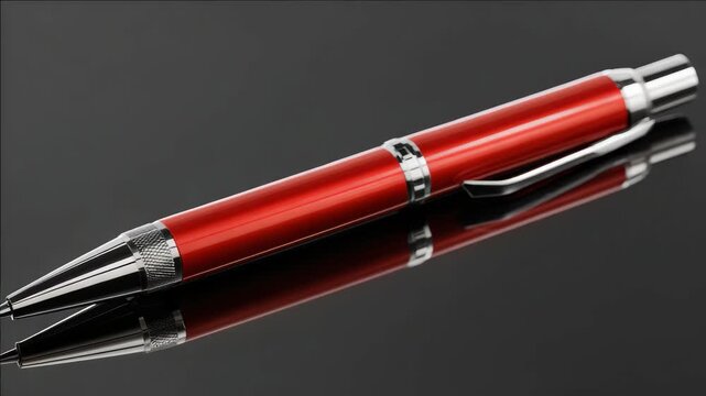 A high-quality red and silver pen with a gleaming reflective surface beneath it. The pen has a sleek design and is ready for use.