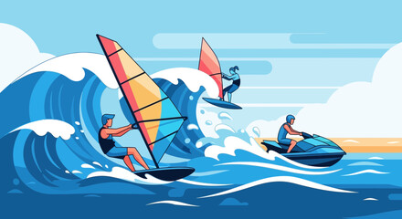 Active people windsurfing and riding jet ski on ocean waves, summer water sports, flat vector illustration © Rafel