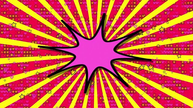 Vibrant Pop Art Comic Book Background Featuring An Empty Pink Speech Bubble Explosion At The Center. Bright Yellow Sunburst Rays Radiate Across A Red Field Filled With Playful Pink Hearts And Orange S