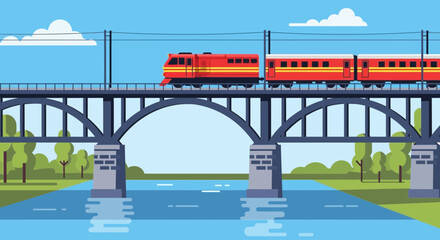 Modern train crossing a railway bridge over a river, flat design illustration © Rafel