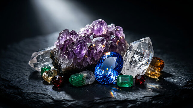 vibrant raw gemstones and crystals cluster with amethyst fluorite sapphire topaz isolated on transparent background
