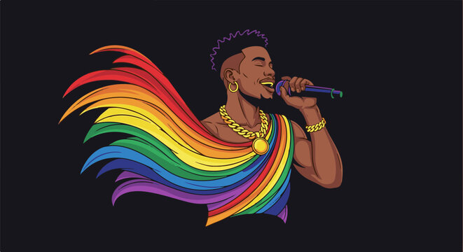Stylized portrait of a person wearing a rainbow cape and singing into a microphone