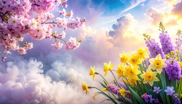 Springtime blossom medley - Daffodils, lavender, and cherry blossoms against a dreamy sky.