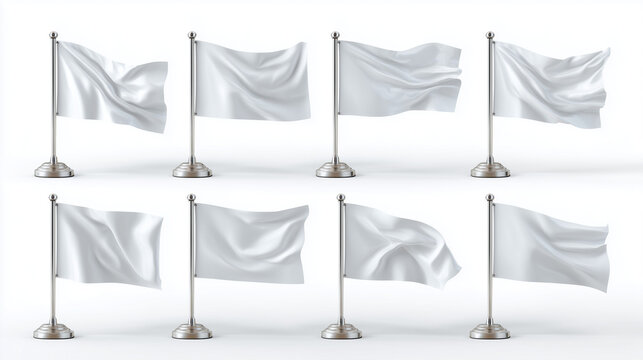 Set of small white desk flags on silver poles isolated on white background.