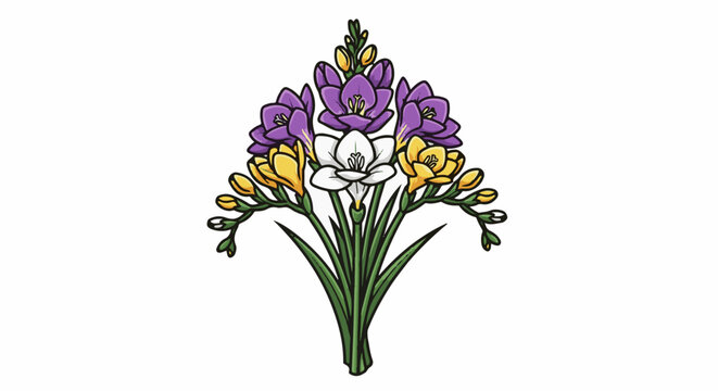 A vibrant bouquet of purple, yellow, and white freesia flowers with green leaves