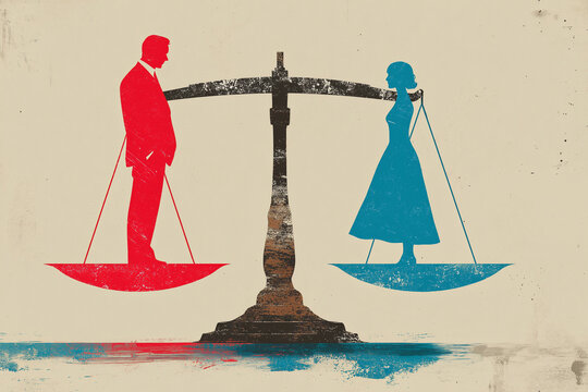 The illustration depicts a man and a woman standing on a scale, conveying the concepts of gender equality, human rights, justice, and social balance.