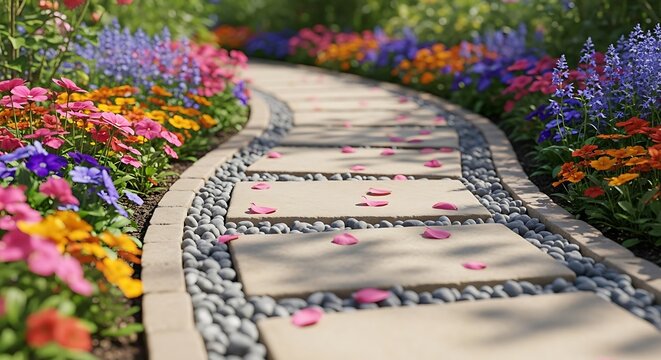 A beautiful garden pathway with colorful flowers and fallen rose petals on stone slabs