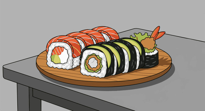 Assortment of fresh sushi rolls with salmon, avocado, and tempura shrimp