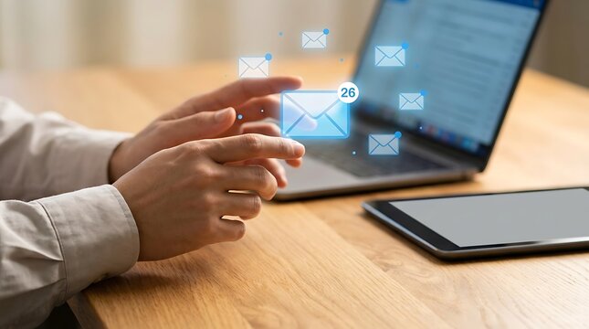 Person using tablet to check incoming emails with laptop in background message icon communication business