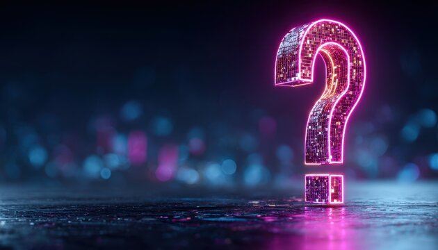 Vibrant neon question mark symbol crafted from reflective disco ball tiles, illuminated with glowing pink and orange light, standing on a dark, wet-looking surface with blurred bokeh lights.