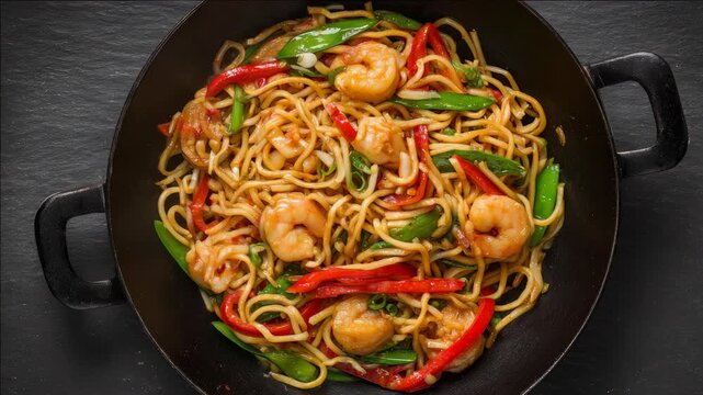 Close-up of shrimp and noodles stir fry.