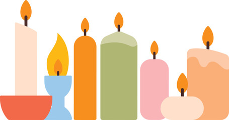 Naklejka premium Colorful Burning Candles Vector Set with Wax Pillars and Votive Holders for Aromatherapy Spa Relaxation Christmas and Romantic Table Decor Designs