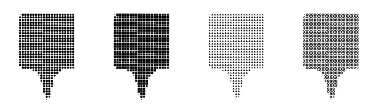 Modern halftone icon bundle - location marker. Map markers icon collection and design. Bold dot-pattern design. Gritty halftone texture. High-contrast monochrome detail.