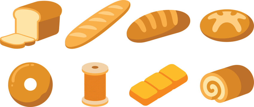 Bakery Products Vector Icon Set Featuring Bread Loaf Slices Baguette Donut Swiss Roll and Pastry Elements for Menu Designs