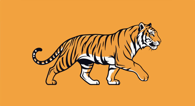Stylized tiger walking with striking orange and black stripes on orange background