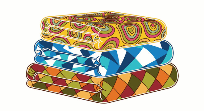 Stacked blankets with retro geometric and swirl patterns