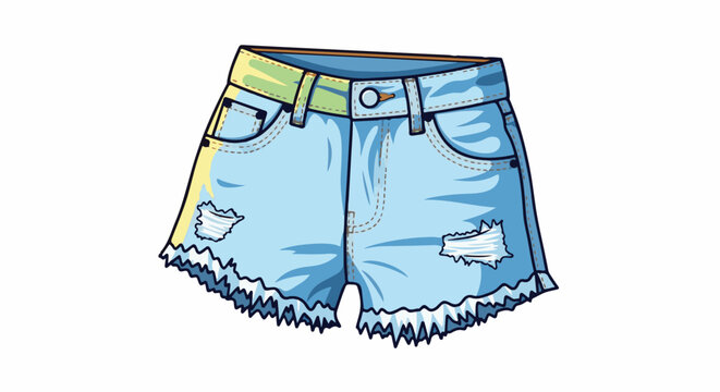 Light blue ripped denim shorts with frayed hem and yellow waistband