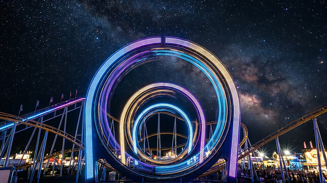 Illuminated Roller Coaster Loops Twisting Through the Night Sky with Vibrant Lights