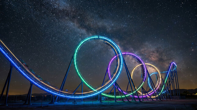 Illuminated Roller Coaster Loops Under a Starry Night Sky