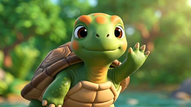 Cute cartoon turtle waving hello in a sunny forest setting.