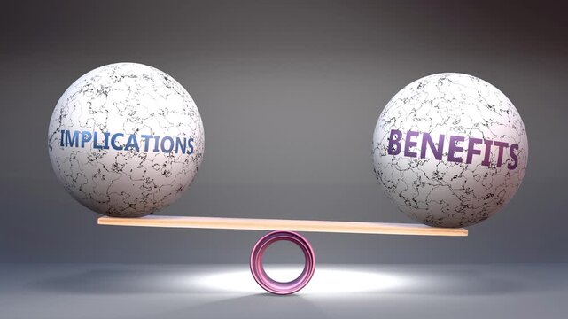 Implications and benefits in balance - balancing stones on a scale symbolizing harmony, equity and equilibrium between implications and benefits. Harmonious and beneficial situation.