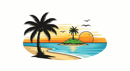 Obraz premium Silhouette of palm trees on a beach at sunset with a small island offshore