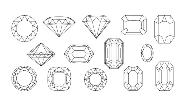 Gemstone cut diagrams showing various technical proportions and facet arrangements for jewelry work.