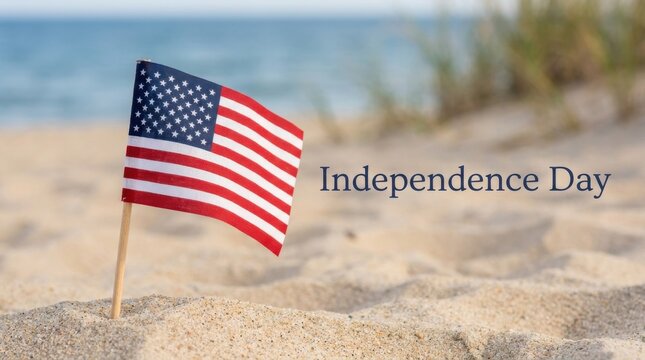 American flag on sandy beach with Independence Day text, patriotic US flag for 4th of July celebration, summer holiday background with stars and stripes