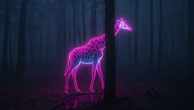 暗い霧の森でネオンキリンが光を放つノワール調の幻想風景