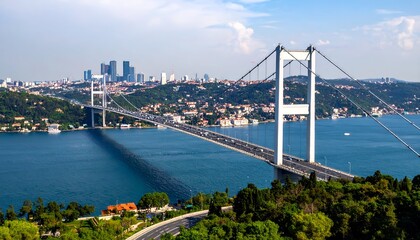 Fototapeta premium Suspension bridge spans blue water with cityscape background under sunny sky