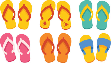 Fototapeta premium Summer Flip Flops and Sandals Vector Set with Colorful Beach Footwear and Slipper Icons for Tropical Vacations Travel and Resort Graphic Designs