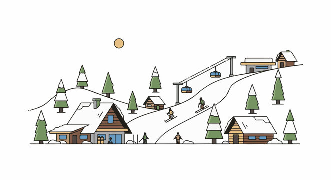Stylized winter resort scene with chalets, ski lift, slopes, and skiers