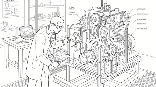 A scientist in a lab coat examines a complex engine or machinery setup, referencing a clipboard, with a laptop and equipment in the background.