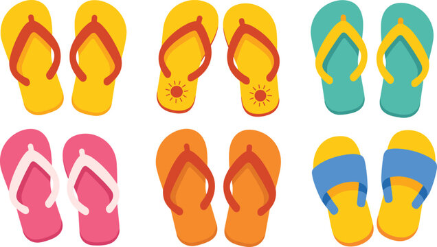 Summer Flip Flops and Sandals Vector Set with Colorful Beach Footwear and Slipper Icons for Tropical Vacations Travel and Resort Graphic Designs