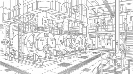 Fototapeta premium A detailed architectural sketch of a large industrial boiler room with multiple large cylindrical boilers and extensive piping and ventilation systems.