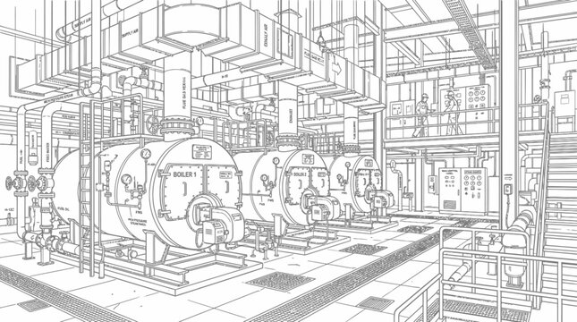 A detailed architectural sketch of a large industrial boiler room with multiple large cylindrical boilers and extensive piping and ventilation systems.