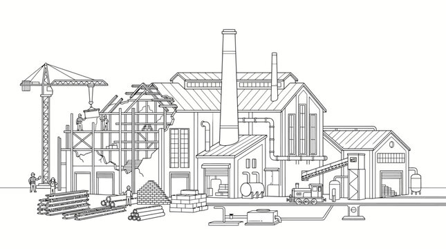Illustration of a large industrial complex under construction, featuring cranes, building materials, and various factory structures.