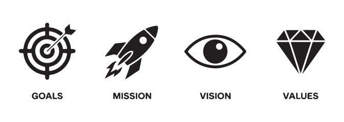 Corporate business icons for goals mission vision and values featuring target rocket eye and diamond. © MSTALIMA