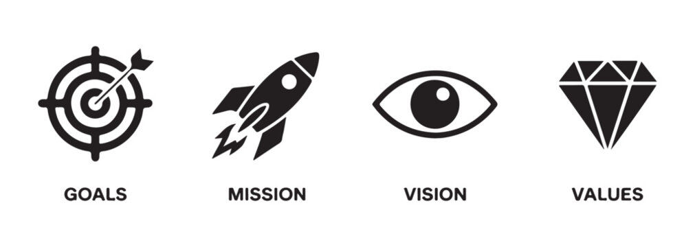Corporate business icons for goals mission vision and values featuring target rocket eye and diamond.
