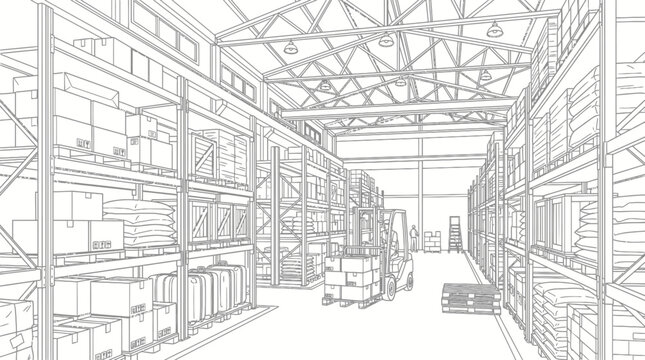 Wireframe illustration of a large industrial warehouse interior with tall shelving units and a forklift.